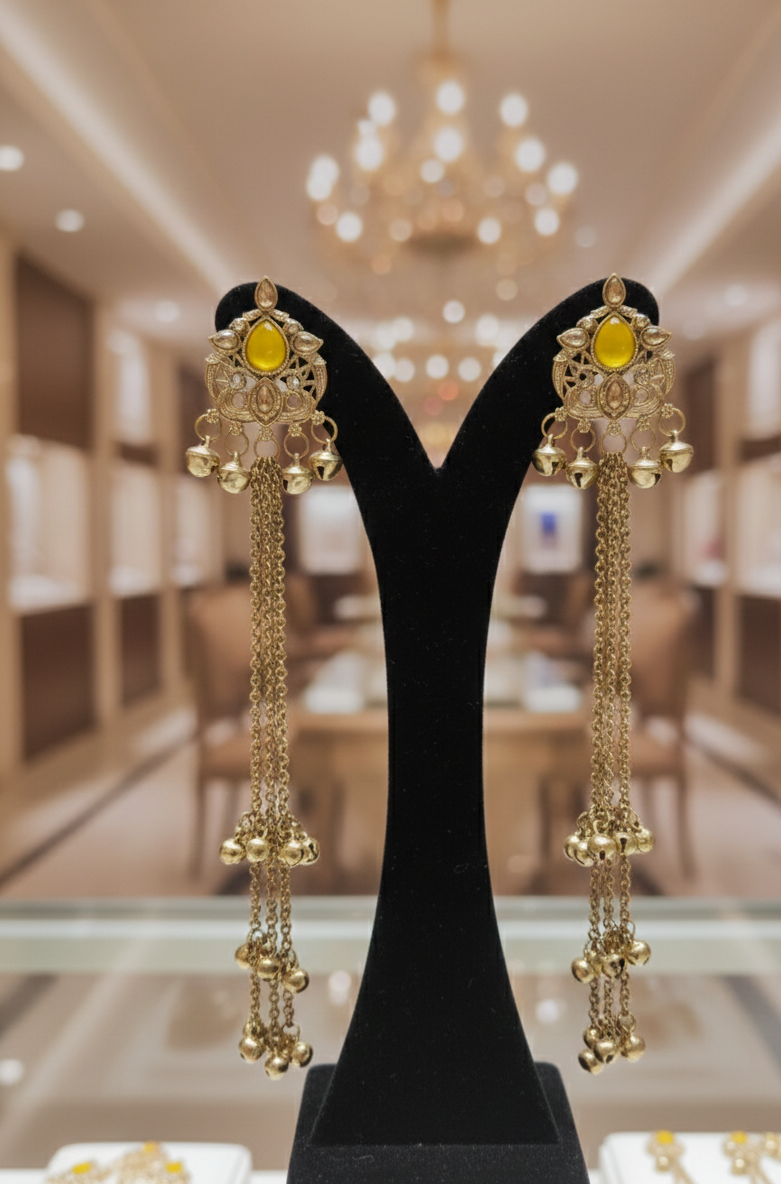Close-up view of premium artificial Bridal Antique Gold Long Tassel Earrings – Traditional Wedding Jhumka Style by Innovate Art Impex.