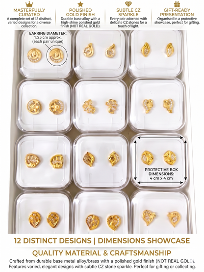 12-Pair Combo Set of Small Gold-Toned Filigree Stud Earrings for Women | Artificial American Diamond CZ Petite Tops (1.25 cm) | Lightweight Daily Wear Fashion Jewellery | INNOVATE ART IMPEX