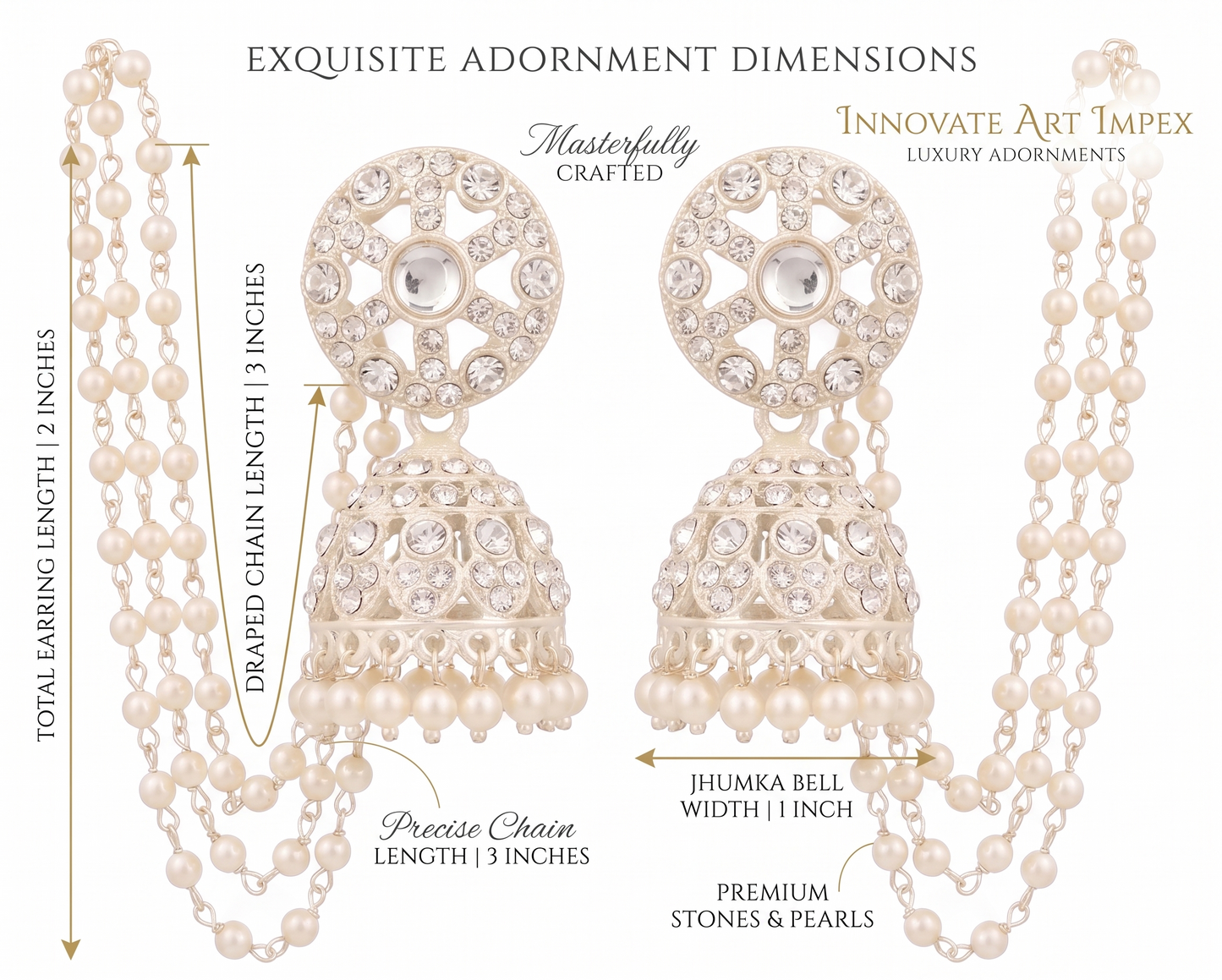 Jewelry ad with pearl and crystal earrings, dimensions, and brand name.
