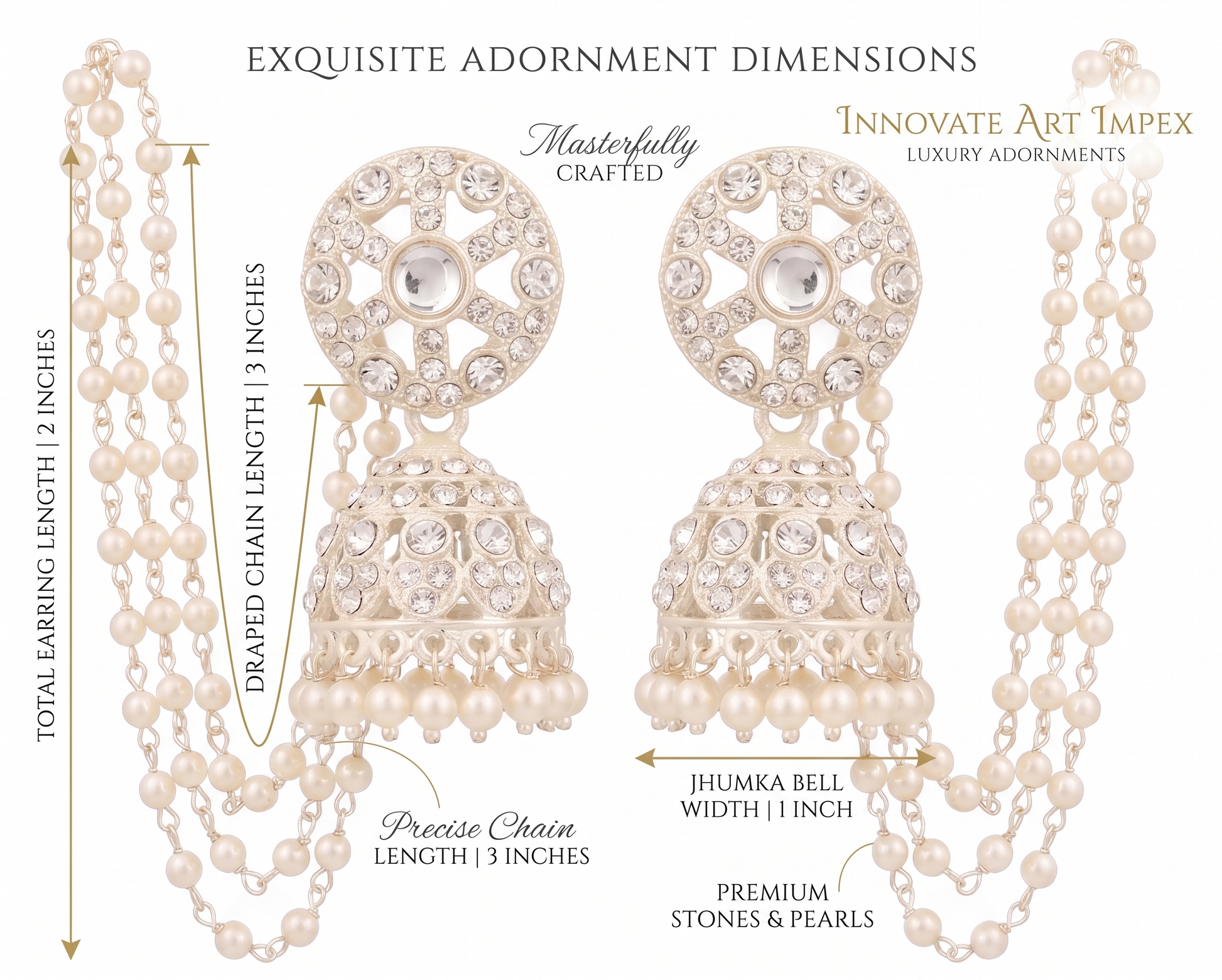 Jewelry ad with pearl and crystal earrings, dimensions, and brand name.