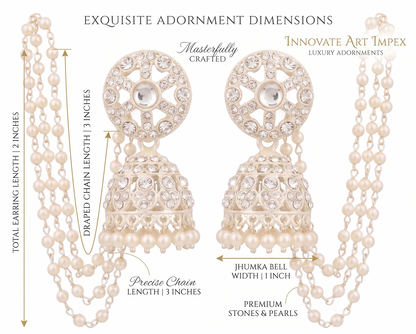 Jewelry ad with pearl and crystal earrings, dimensions, and brand name.