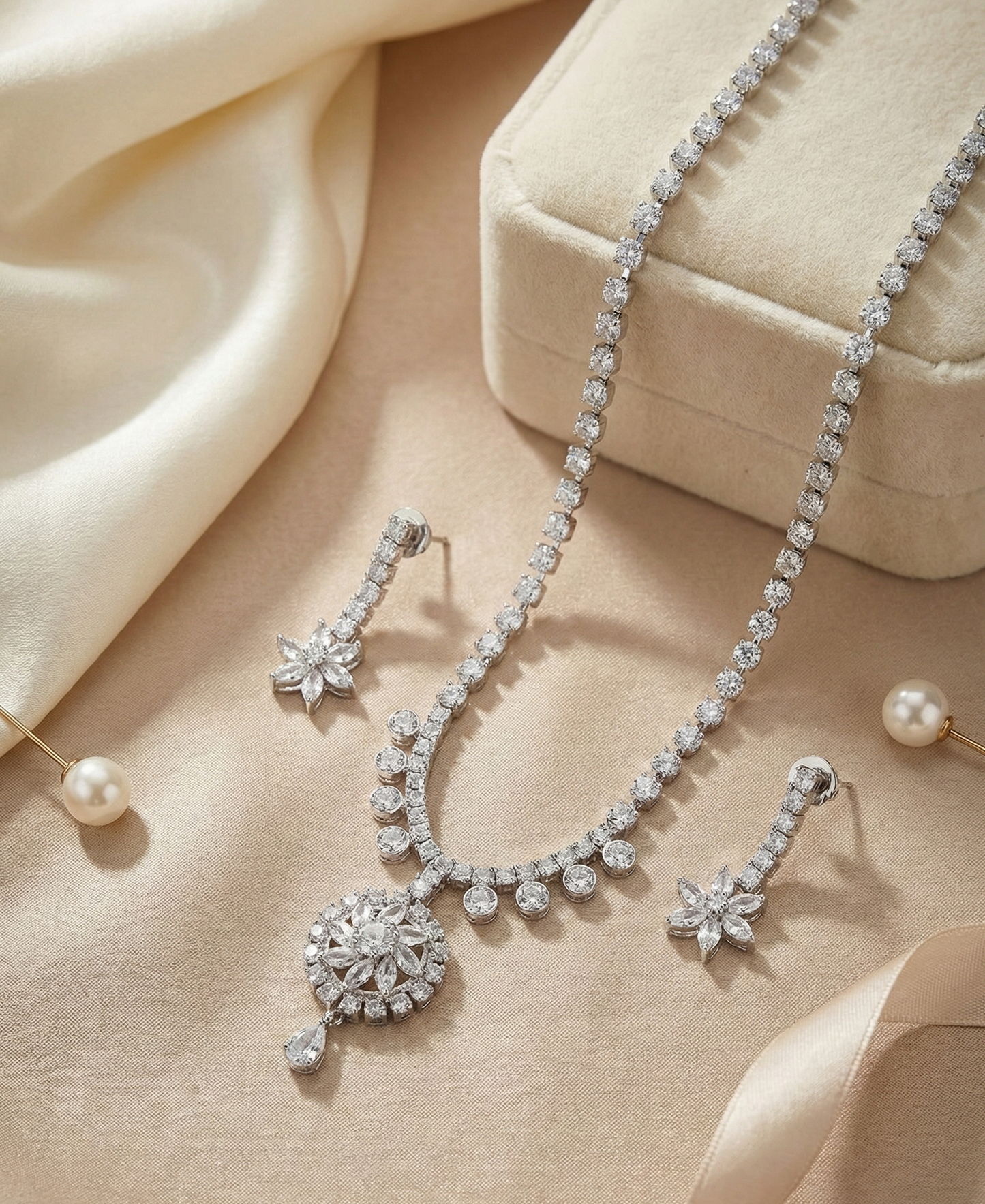 Close-up view of premium artificial Elegant Silver Floral Drop Bridal Jewelry Set (Necklace & Earrings) by Innovate Art Impex.