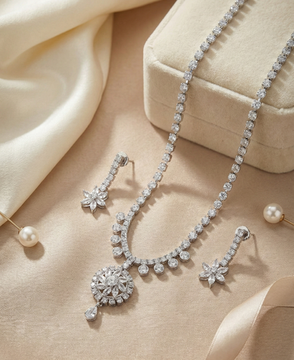 Close-up view of premium artificial Elegant Silver Floral Drop Bridal Jewelry Set (Necklace & Earrings) by Innovate Art Impex.