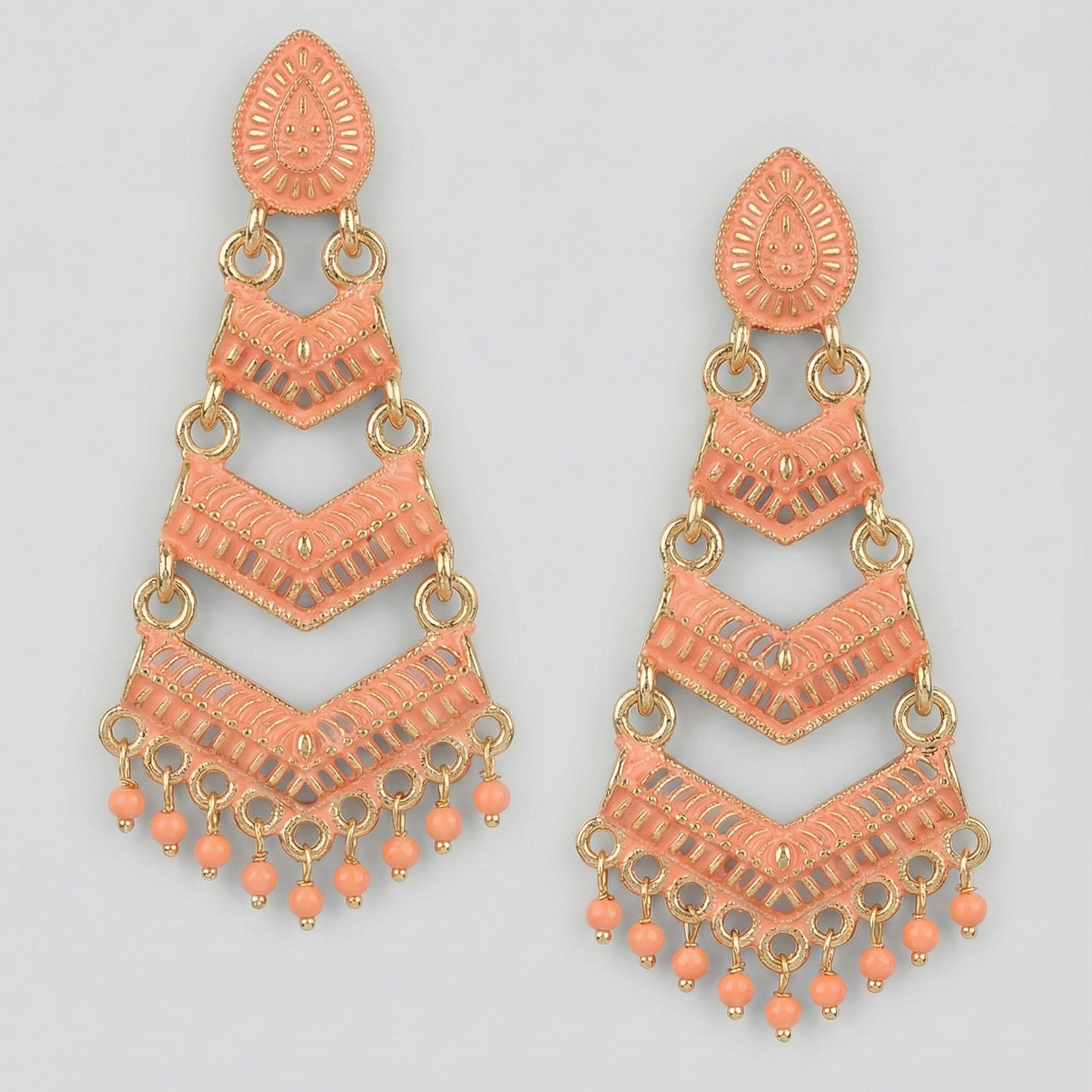Close-up view of premium artificial Orange Meenakari Gold Plated Layered Drop Earrings with Pearl Hanging by Innovate Art Impex.