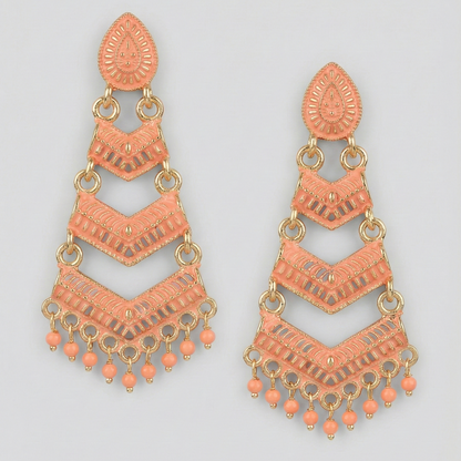 Close-up view of premium artificial Orange Meenakari Gold Plated Layered Drop Earrings with Pearl Hanging by Innovate Art Impex.