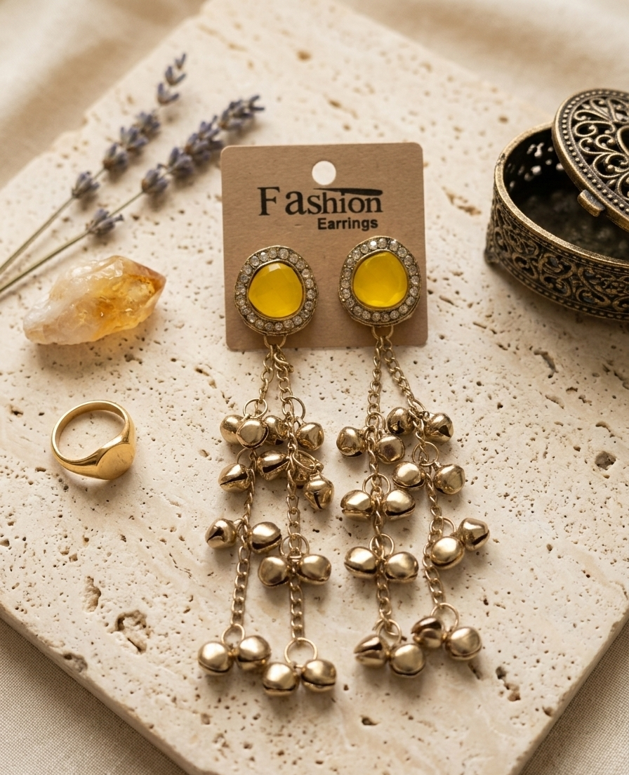Close-up view of premium artificial Vibrant Yellow Stone & Gold Bell Tassel Statement Earrings Gold Plated Kundan Drop Earrings with Ghungroo Tassels – Traditional Fusion Long Chain Hangings for Women & Girls by Innovate Art Impex.