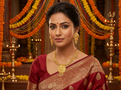 Close-up view of premium artificial Exquisite Traditional Gold Tone Floral Pendant Necklace & Earring Set by Innovate Art Impex.