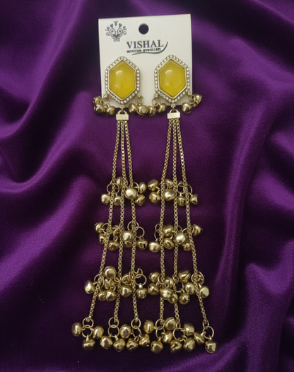 Close-up view of premium artificial Yellow Hexagonal Stone Gold Tassel Drop Earrings   Elegant Statement Jewelry by Innovate Art Impex.