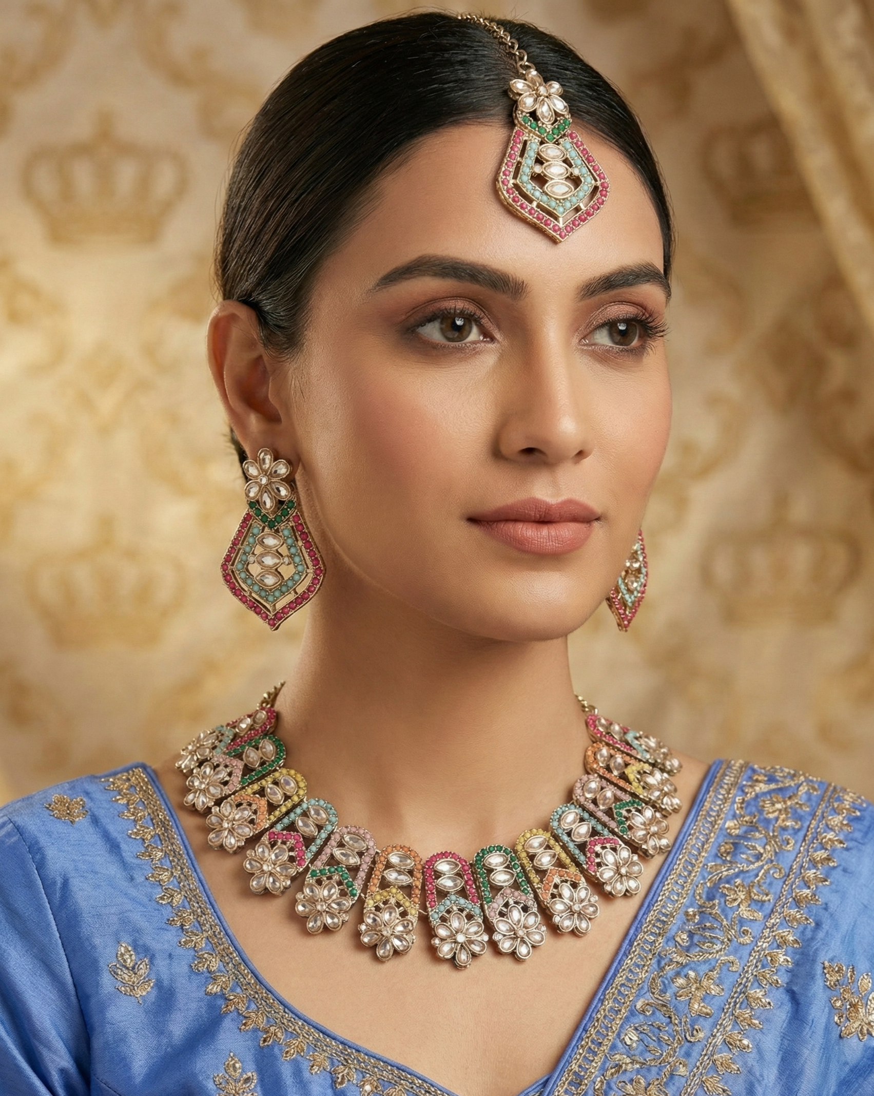 Close-up view of premium artificial Gold Toned Multi Color Geometric Mosaic Kundan Necklace Set Gold Plated Multi Color Floral Halo Necklace Set with Maang Tikka by Innovate Art Impex.
