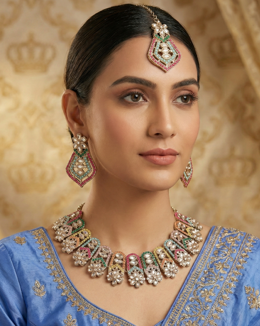 Close-up view of premium artificial Gold Toned Multi Color Geometric Mosaic Kundan Necklace Set Gold Plated Multi Color Floral Halo Necklace Set with Maang Tikka by Innovate Art Impex.