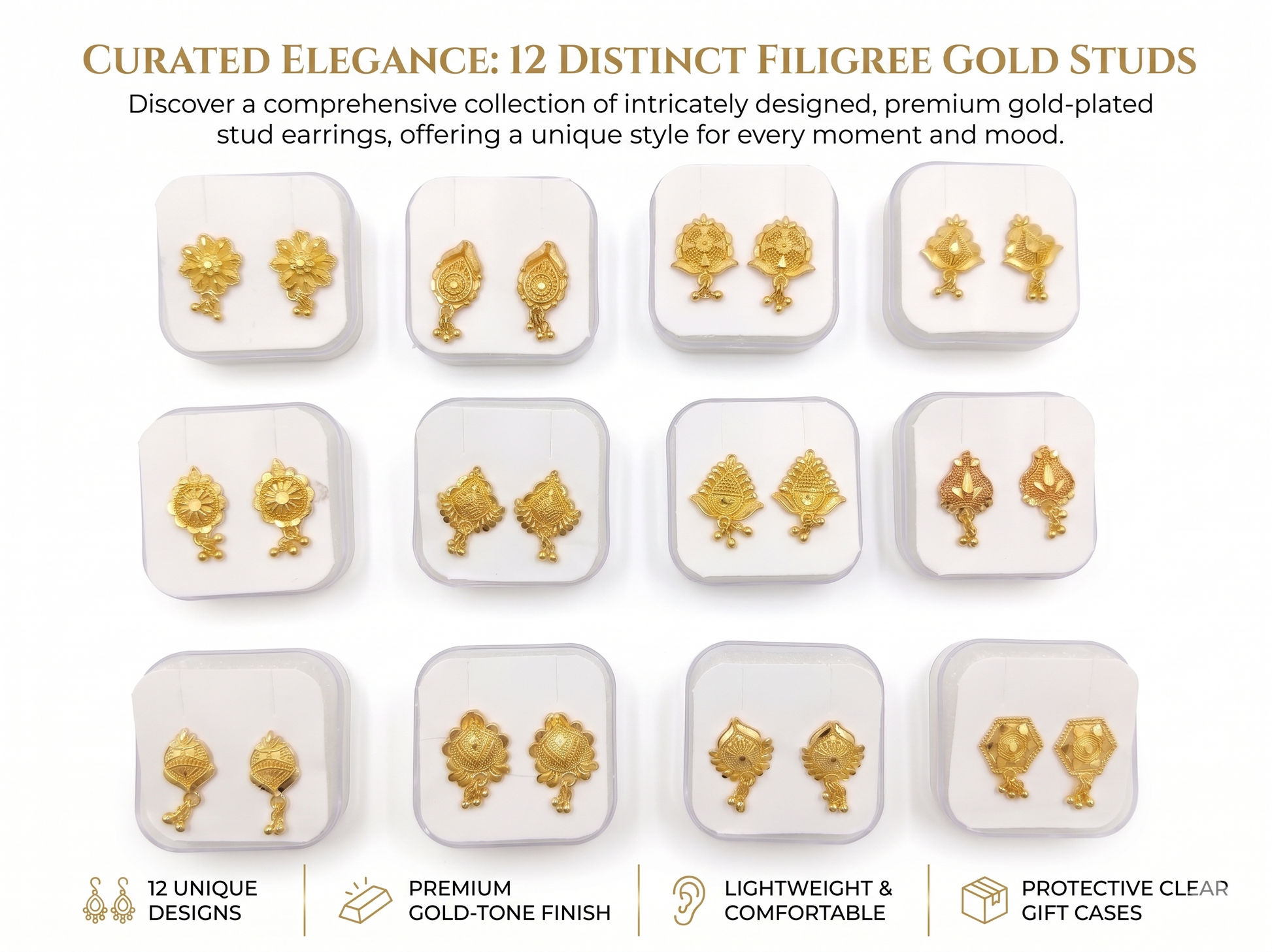 Collection of gold-plated stud earrings in protective clear gift cases with promotional text.