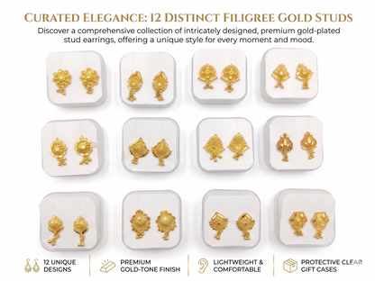 Collection of gold-plated stud earrings in protective clear gift cases with promotional text.