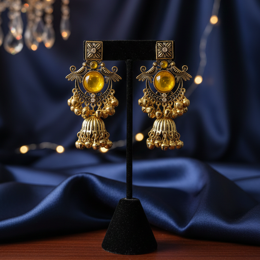 Close-up view of premium artificial Royal Yellow Antique Gold Chandbali Jhumka Earrings by Innovate Art Impex.