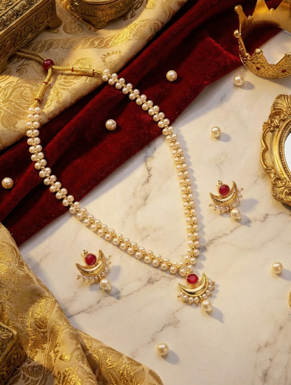 Close-up view of premium artificial Traditional Pearl Mala with Crescent Ruby Pendant & Earrings Set by Innovate Art Impex.