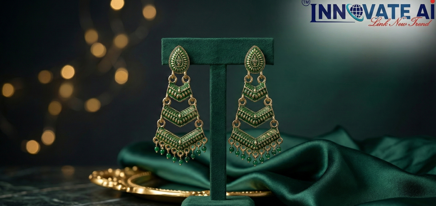 Close-up view of premium artificial Green Meenakari Gold Plated Layered Drop Earrings with Pearl Hanging by Innovate Art Impex.