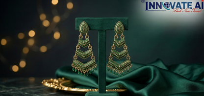 Close-up view of premium artificial Green Meenakari Gold Plated Layered Drop Earrings with Pearl Hanging by Innovate Art Impex.
