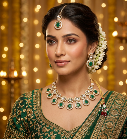 Woman wearing traditional green and gold attire with jewelry against a warm, blurred background