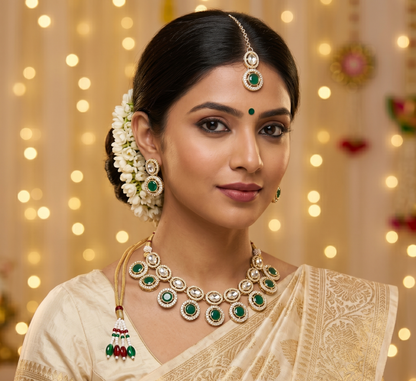 Woman wearing traditional jewelry with a festive background