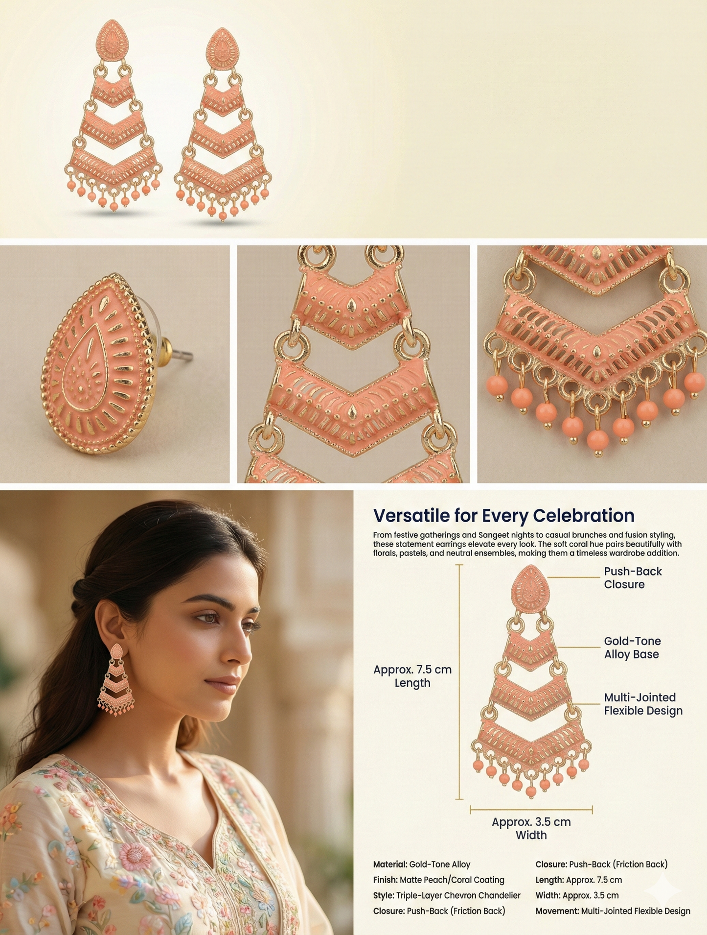 Close-up view of premium artificial Orange Meenakari Gold Plated Layered Drop Earrings with Pearl Hanging by Innovate Art Impex.