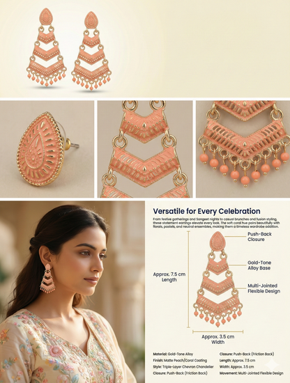 Close-up view of premium artificial Orange Meenakari Gold Plated Layered Drop Earrings with Pearl Hanging by Innovate Art Impex.