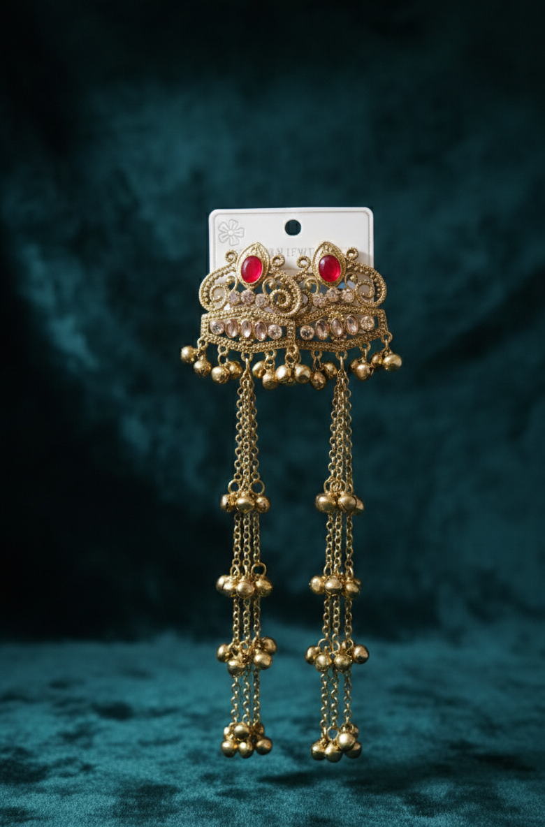 Close-up view of premium artificial Indian Ethnic Long Drop Earrings   Gold Plated Ghungroo Jewelry for Festive Wear by Innovate Art Impex.