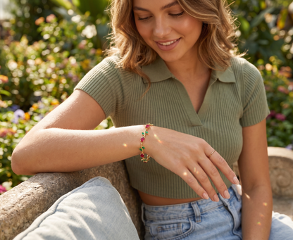Gold-Toned Botanical Vine Link Bracelet with Premium Red Stones & Green CZ Accents