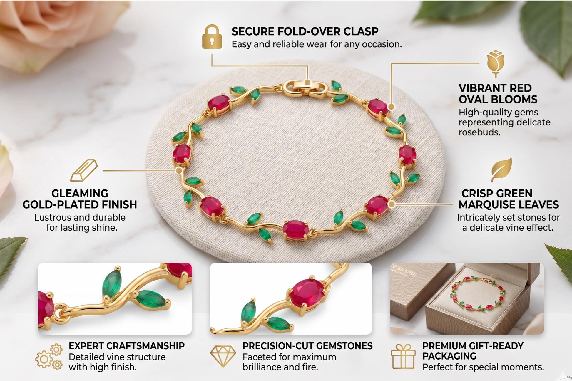 Gold-Toned Botanical Vine Link Bracelet with Premium Red Stones & Green CZ Accents