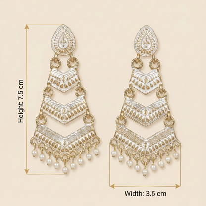 Close-up view of premium artificial White Meenakari Gold Plated Layered Drop Earrings with Pearl Hanging by Innovate Art Impex.