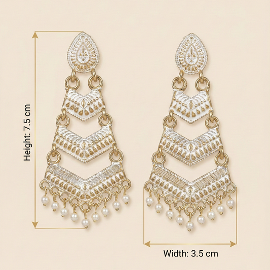Close-up view of premium artificial White Meenakari Gold Plated Layered Drop Earrings with Pearl Hanging by Innovate Art Impex.