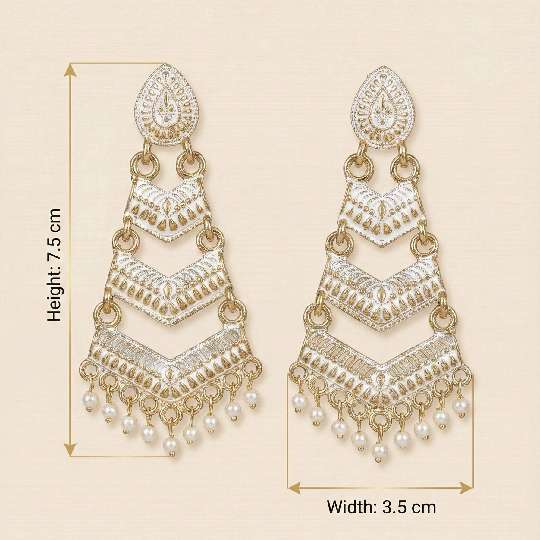 Close-up view of premium artificial White Meenakari Gold Plated Layered Drop Earrings with Pearl Hanging by Innovate Art Impex.