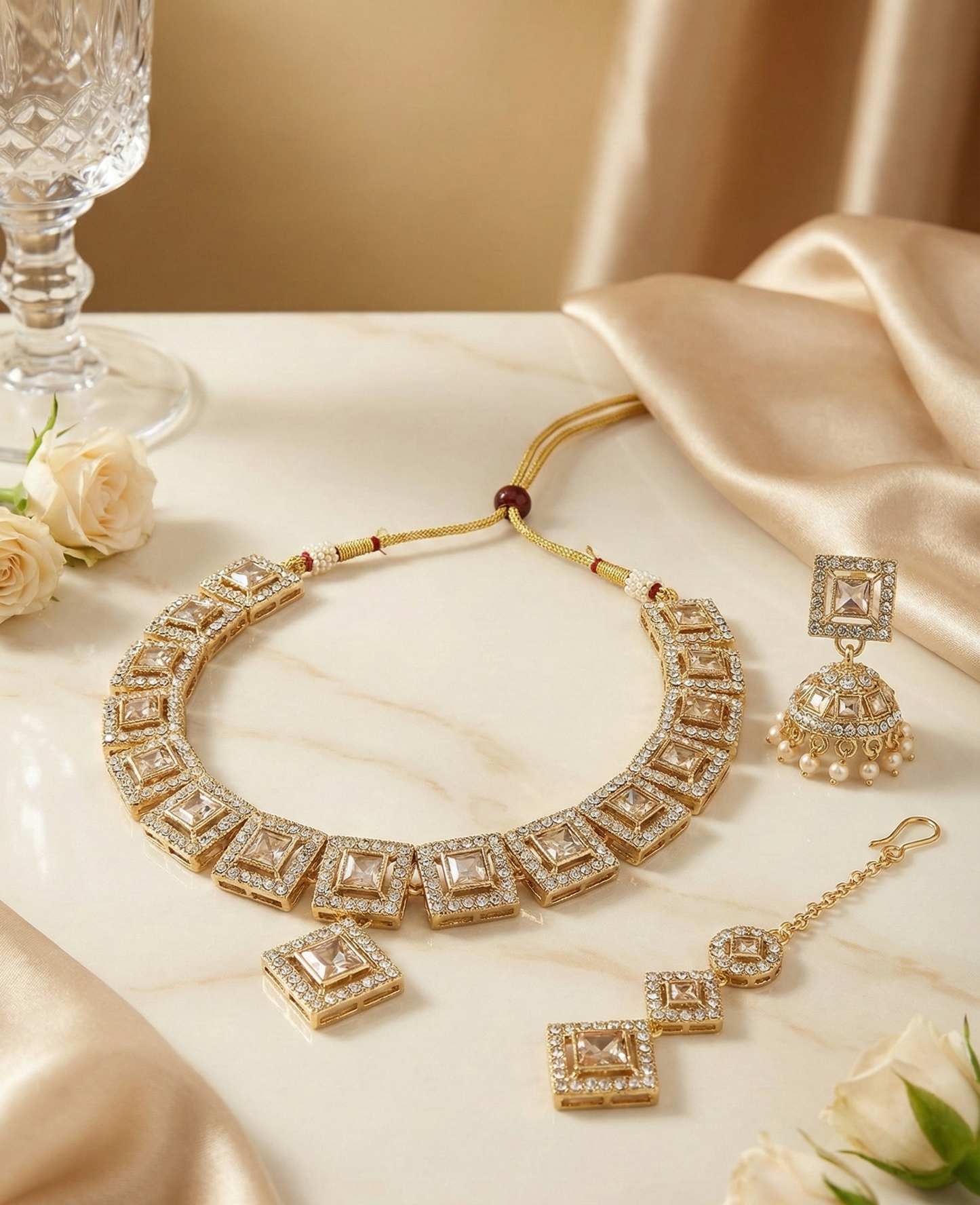 Close-up view of premium artificial Royal Antique Gold Chandbali Jhumka Earrings for Women | Premium Traditional Ethnic Jewellery | Wedding, Festive & Party Wear by Innovate Art Impex.