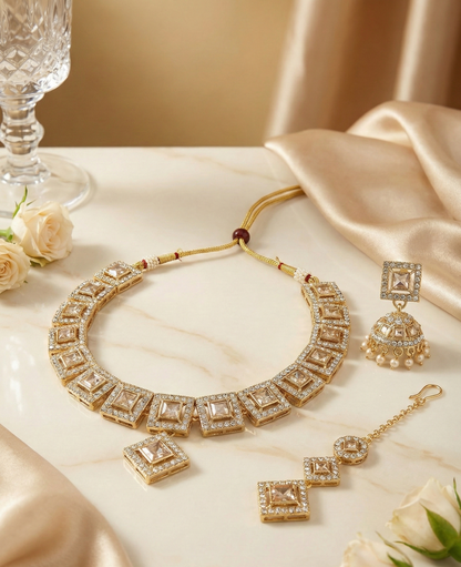 Close-up view of premium artificial Royal Antique Gold Chandbali Jhumka Earrings for Women | Premium Traditional Ethnic Jewellery | Wedding, Festive & Party Wear by Innovate Art Impex.