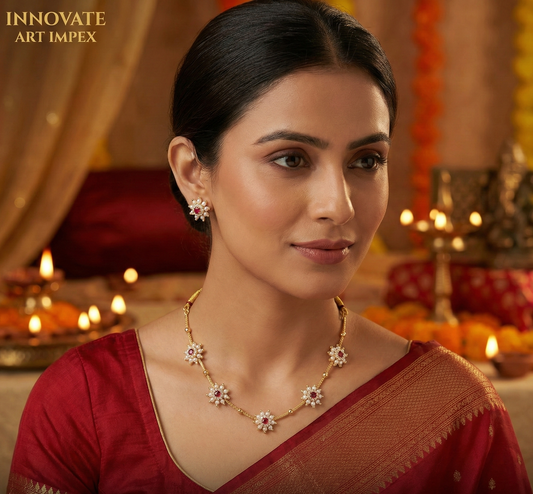 Close-up view of premium artificial Traditional Maroon Lotus Meenakari Gold Plated Choker Set with Pearl Drops by Innovate Art Impex.