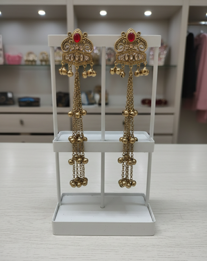 Close-up view of premium artificial Indian Ethnic Long Drop Earrings   Gold Plated Ghungroo Jewelry for Festive Wear by Innovate Art Impex.
