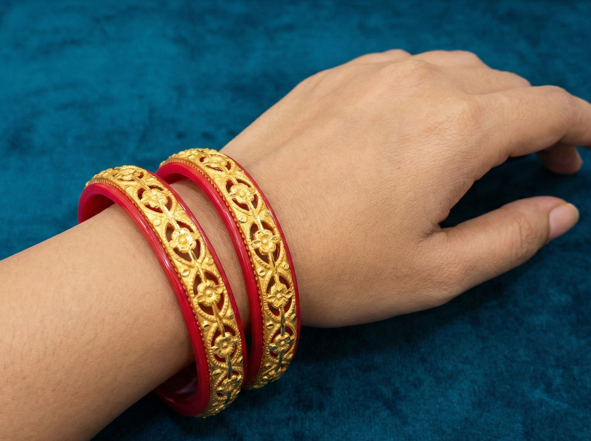 Close-up view of premium artificial Women Traditional Red Gold Plated Designer Bangles Set | Bridal Ethnic Kada | Wedding & Festive Wear Jewellery by Innovate Art Impex.