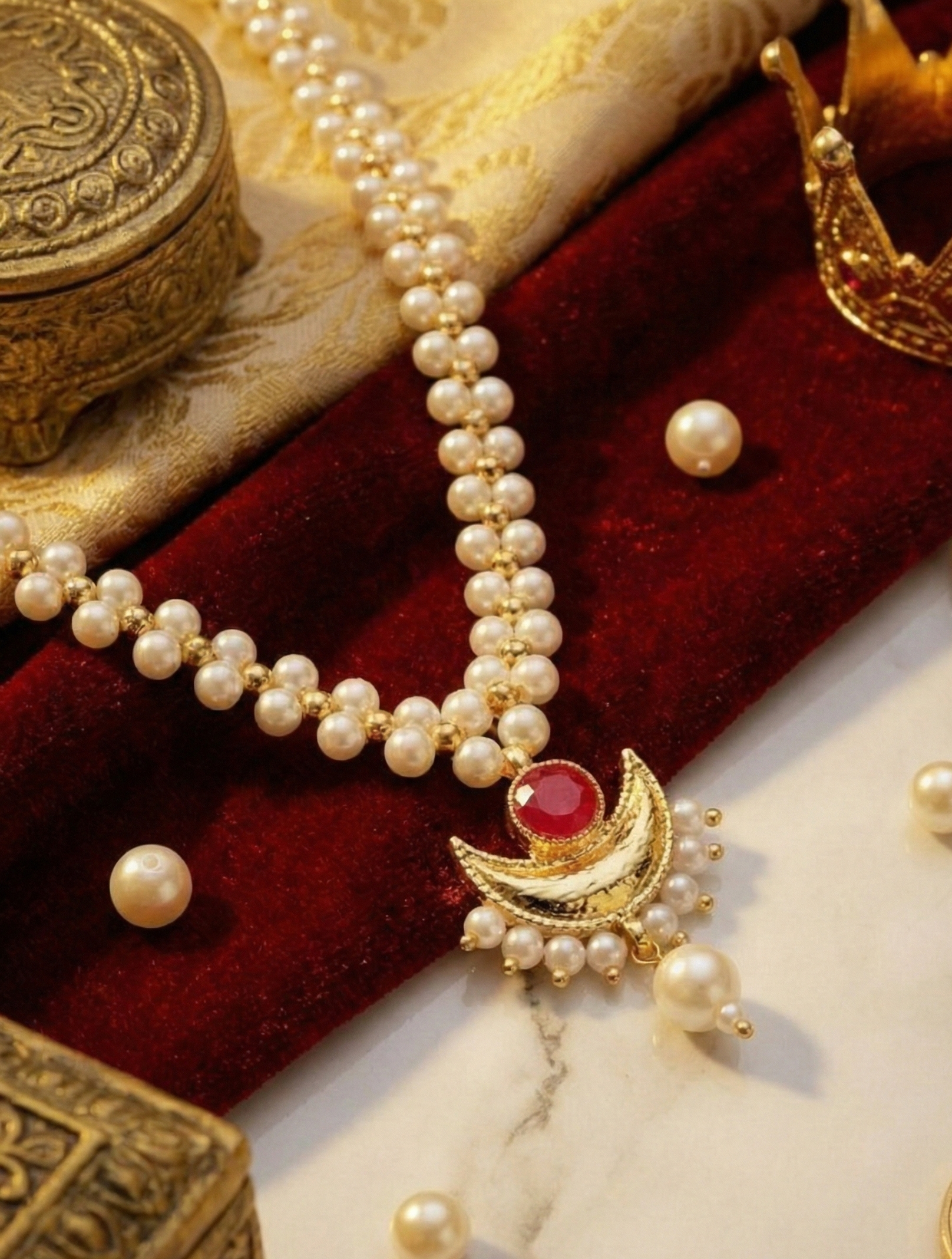 Close-up view of premium artificial Traditional Pearl Mala with Crescent Ruby Pendant & Earrings Set by Innovate Art Impex.