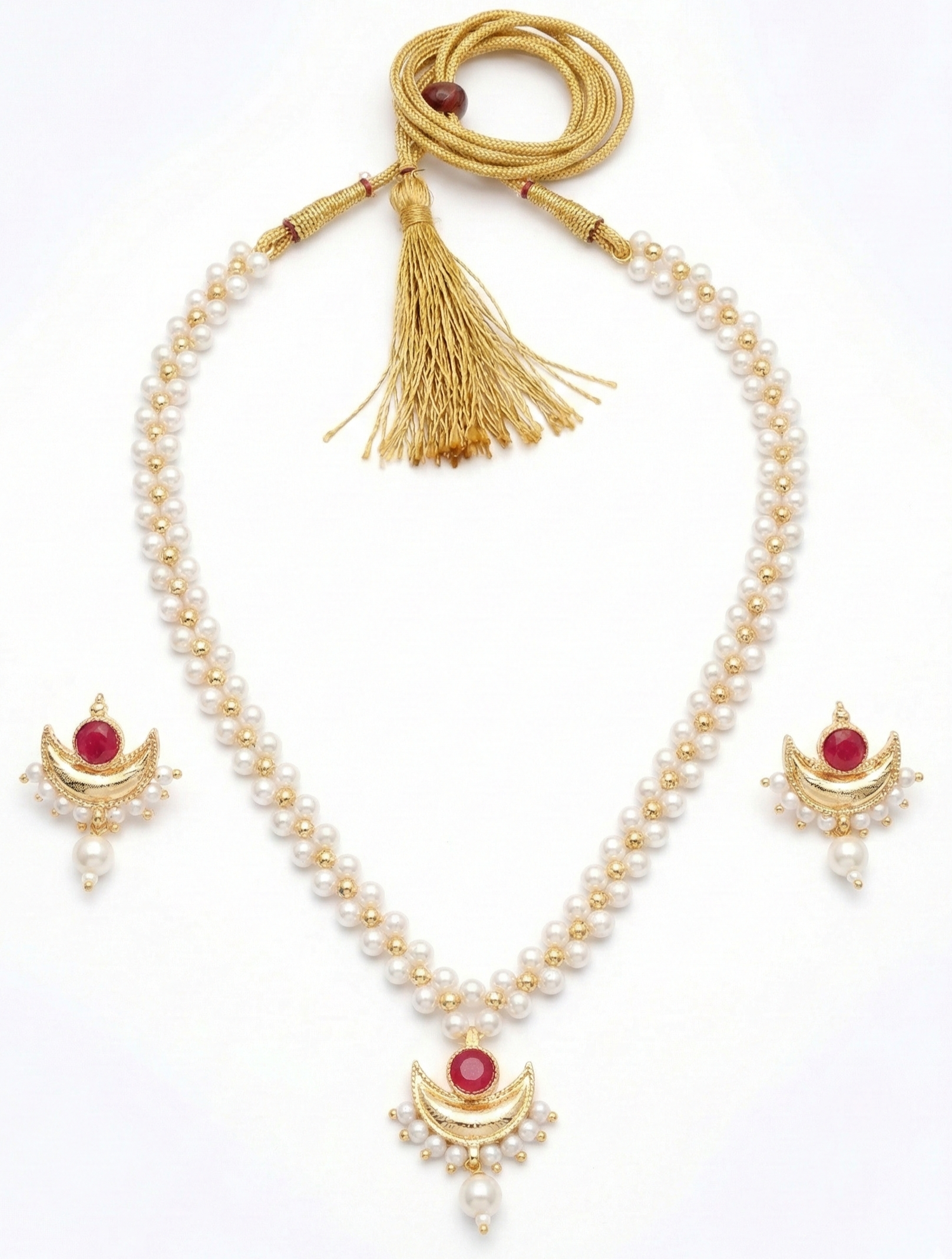 Close-up view of premium artificial Traditional Pearl Mala with Crescent Ruby Pendant & Earrings Set by Innovate Art Impex.