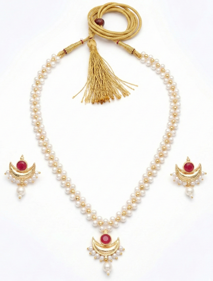 Close-up view of premium artificial Traditional Pearl Mala with Crescent Ruby Pendant & Earrings Set by Innovate Art Impex.