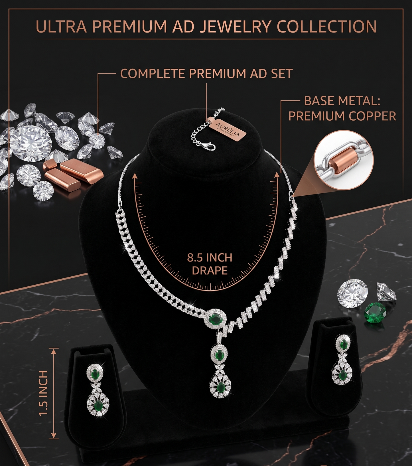 Ultra Premium AD jewelry collection with necklace, earrings, and base metal details on a dark background.