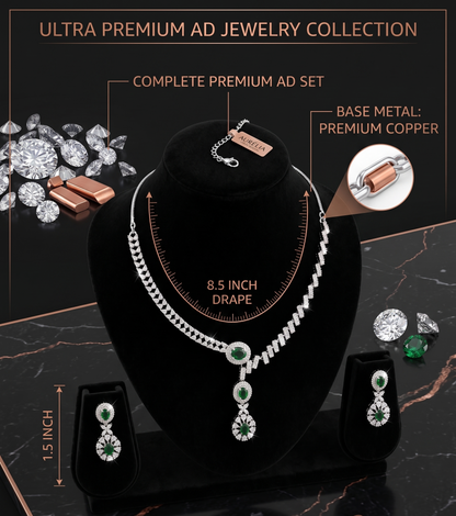 Ultra Premium AD jewelry collection with necklace, earrings, and base metal details on a dark background.