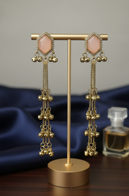 Close-up view of premium artificial Peach Hexagonal Stone Gold Tassel Drop Earrings   Elegant Statement Jewelry by Innovate Art Impex.