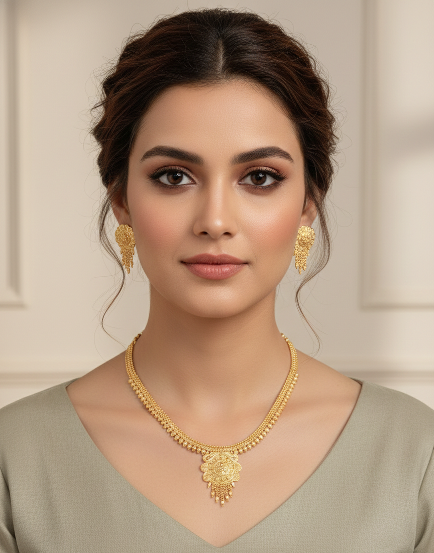 Close-up view of premium artificial Temple Jewellery Necklace Set For Women Traditional Antique Gold Artificial Bridal Choker Jwellery Ladies Fancy Kundan Pearl Oxidised Silver Ruby Diamond Zaveri Haldi Aesthetic Layered Butterfly Silk Thread Women Jwelleries Western Girls by Innovate Art Impex.