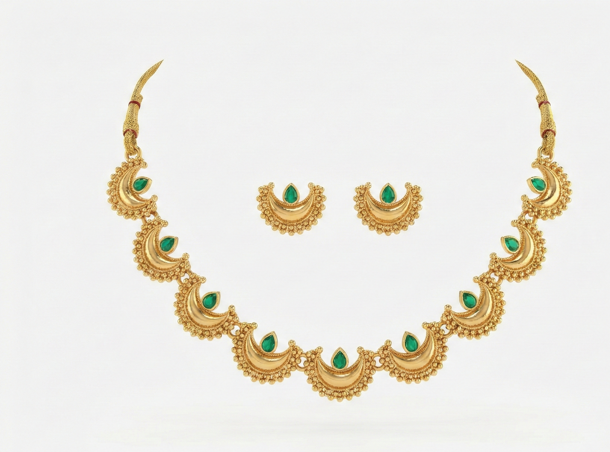 Close-up view of premium artificial Traditional Maharashtrian Chandrakor Green Stone Necklace Set   Gold Plated by Innovate Art Impex.