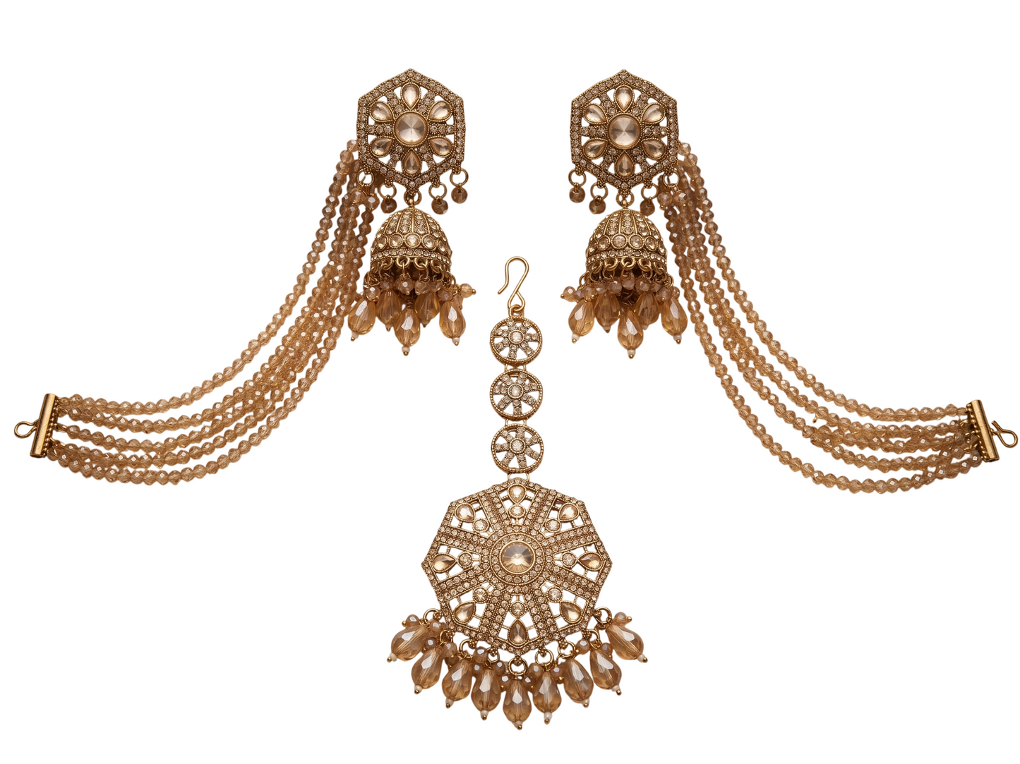 Pair of gold earrings with intricate designs on a white background