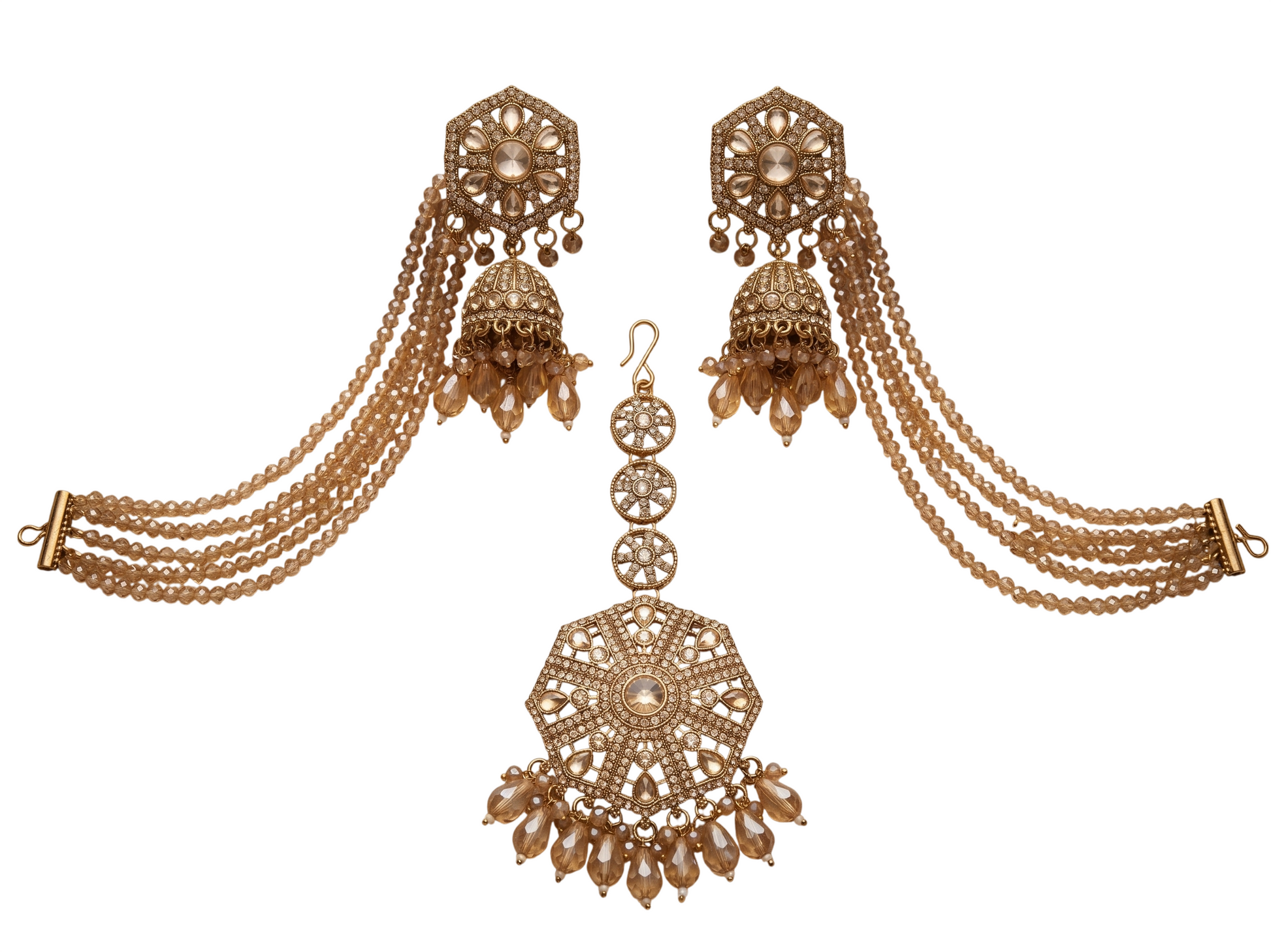 Pair of gold earrings with intricate designs on a white background