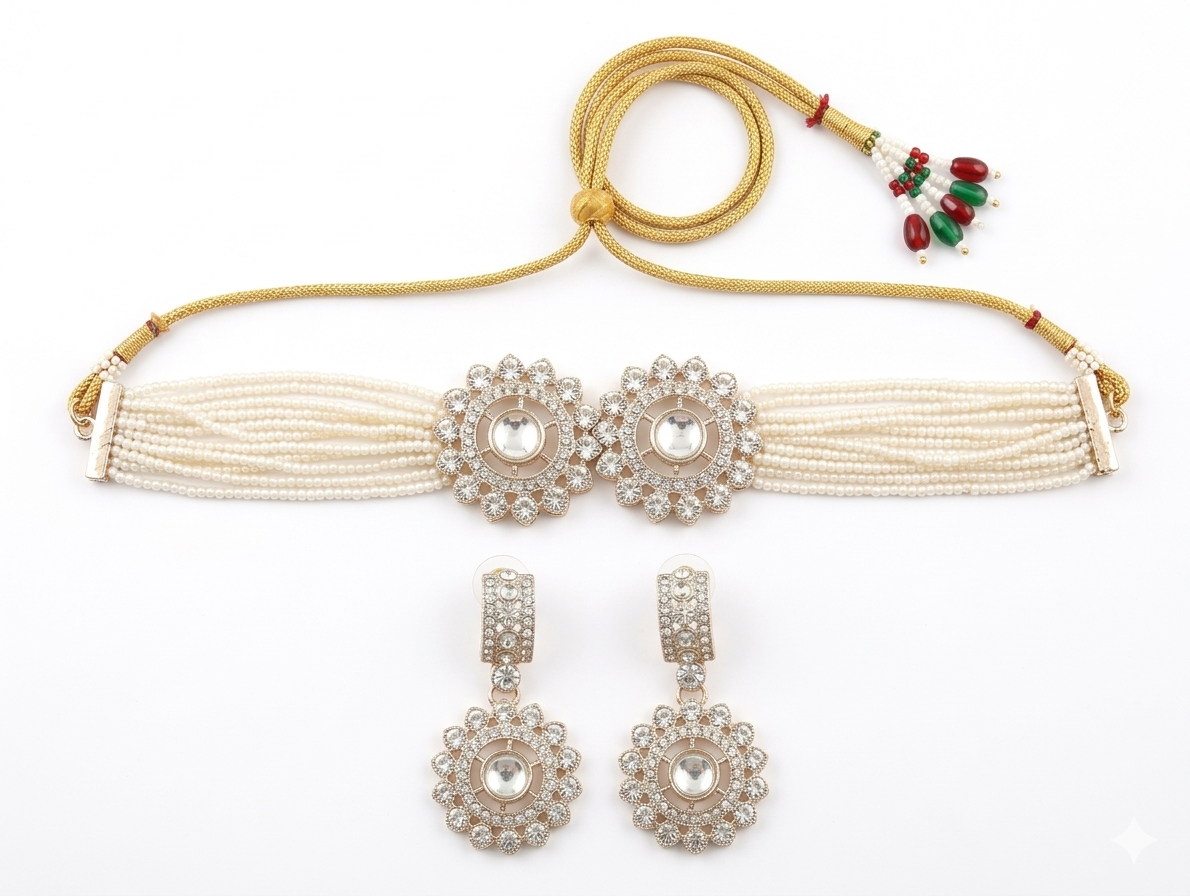 Close-up view of premium artificial Elegant Multi-Strand Faux Pearl Choker Set with Floral Motifs by Innovate Art Impex.