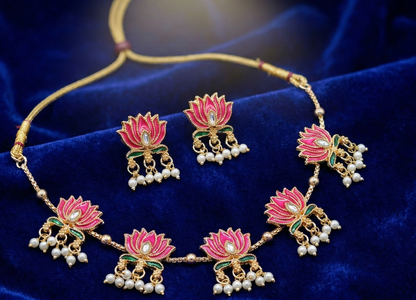 Close-up view of premium artificial Elegant Pink Lotus Meenakari Gold Plated Choker Necklace Set with Earrings & Pearl Drops by Innovate Art Impex.