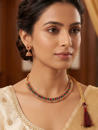 Traditional antique finish red and green stone choker necklace set with matching jhumka earrings by Innovate Art Impex.