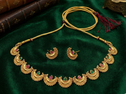Close-up view of premium artificial Traditional Maharashtrian Chandrakor Green & Maroon Stone Necklace Set   Gold Plated by Innovate Art Impex.