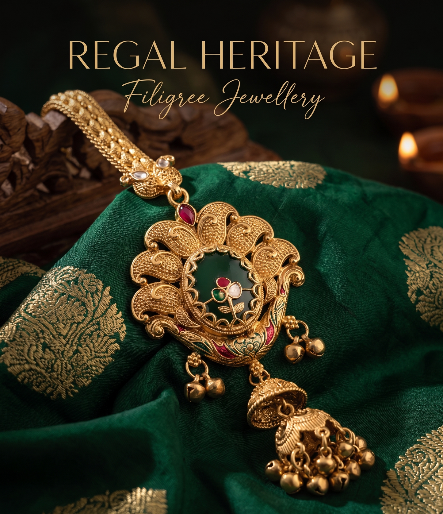 Traditional Antique Gold-Toned Filigree Saree Challa Waist Keychain for Women | Artificial Ethnic Kamarbandh Ornament with Green Oval Center & Jhumki Drop | INNOVATE ART IMPEX